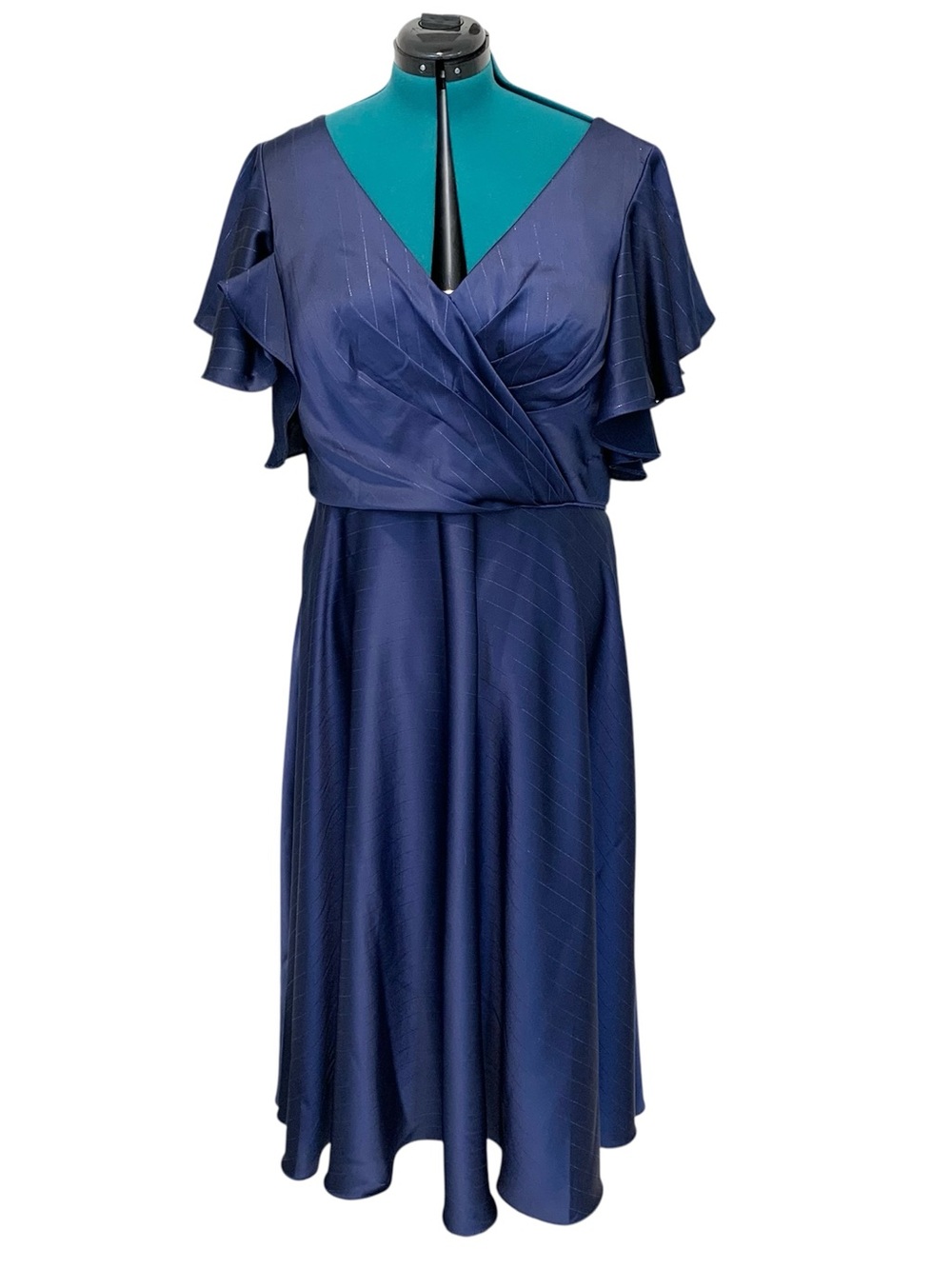 Mac Duggal Navy Blue V-Neck Flutter Sleeve Midi Dress 16W NWOT